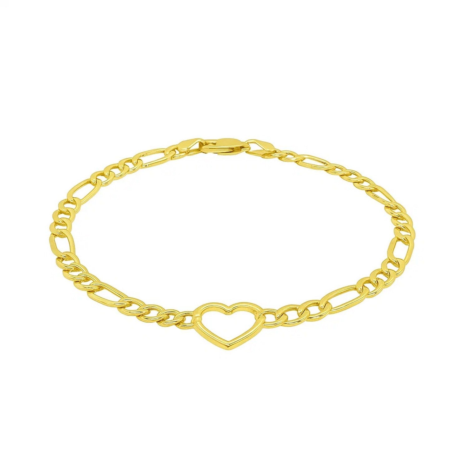 Figaro Chain Heart Bracelet in 10K Yellow Gold (4.50 mm) - Peelerie